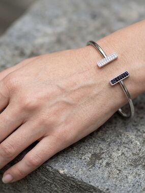 YJAccessory Duo-Tone Jeweled Cuff Bracelet – Silver with Black & White Crystals